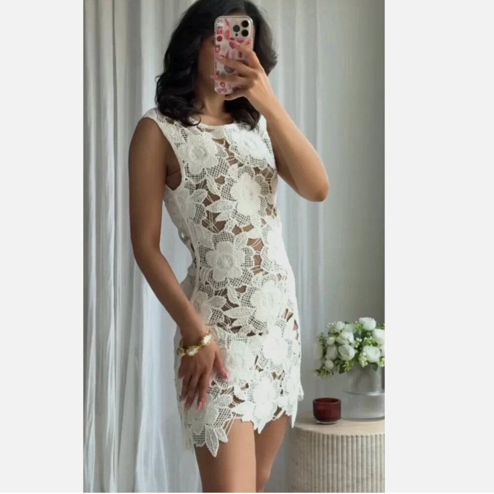 Zara ZW collection White Floral Lace Mini Dress - Picture 7 of 9
